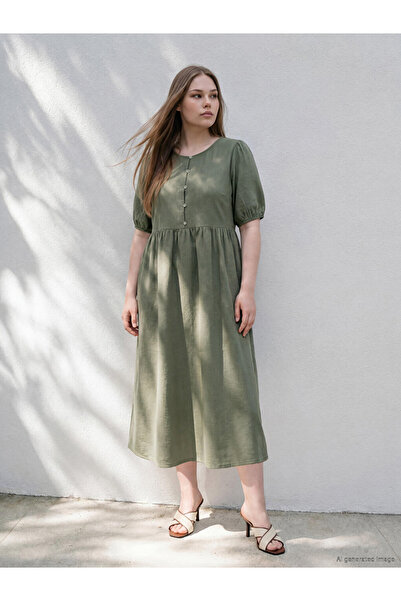 LC Waikiki Khaki Plus Size Crew Neck Pleated Dress