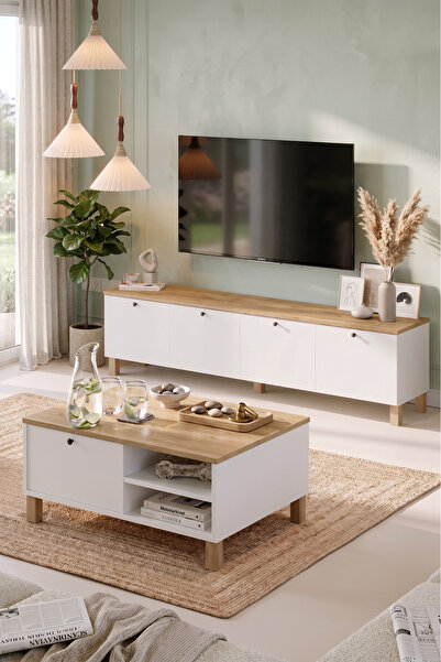 Yurudesign Nord Tv Ünitesi Orta Sehpa 2'Li Set Ahşap Ayaklı Sepet-Beyaz ND20-SW