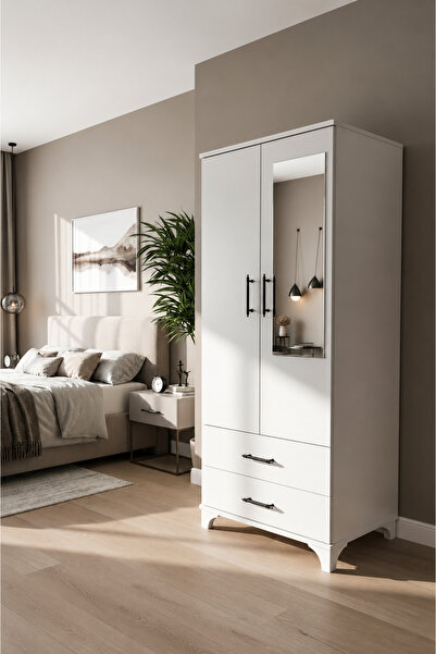 yıldız türk home Siena Aynalı 2 Kapaklı 2 Çekmeceli Gardırop 68x175 cm Beyaz ...
