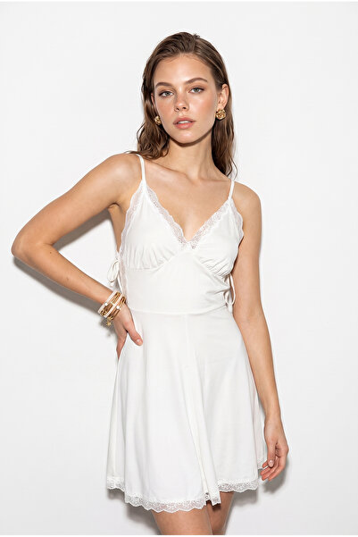 Bianco Lucci Women's Lace Detailed Rope Strap Side Tie Mini Nightgown Dress 6...