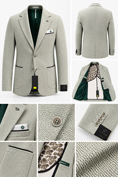BYMEN ERKEK GİYİM JİYAN Slim Fit Açık Yeşil Desenli Erkek Klasik Blazer Ceket