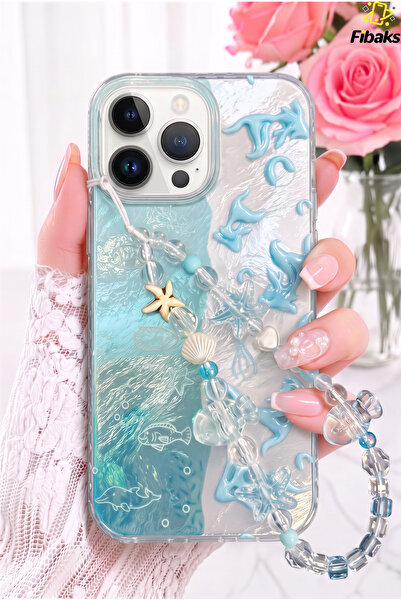 Fibaks iPhone 14 Pro Max Kılıf Hologramlı Çift Renk Charmlı Deniz Balık Desen...