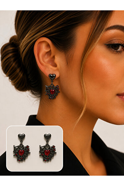 synshop Gothic Heart and Spiderweb Figured Dangle Earrings Black Metal with R...