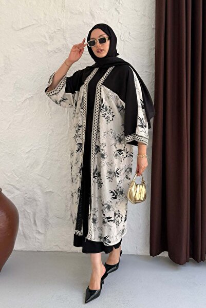 Modaensarbutik Manşet ve Yaka Dantel Detaylı Keten Kimono-SİYAH