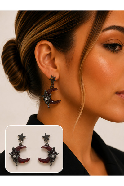 synshop Gothic Moon and Star Figured Dangle Earrings Black Metal Y2K Punk Dar...