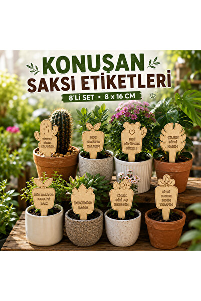 ArliaDesign Konuşan Saksı Etiketi 8'li MDF Ahşap Bitki Etiketi Dekoratif Saksı Süsü 8x16 cm