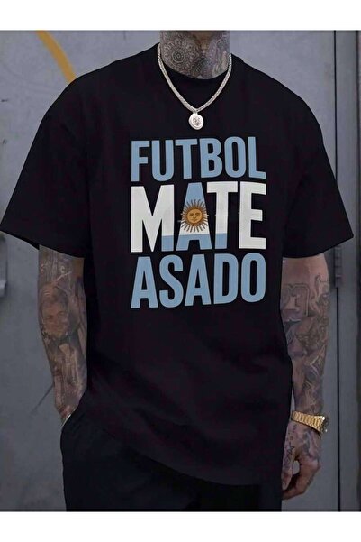 21JNRY تي شيرت رجالي أسود بطباعة FUTBOL MATE ASADO وتصميم علم الأرجنتين - ملا...