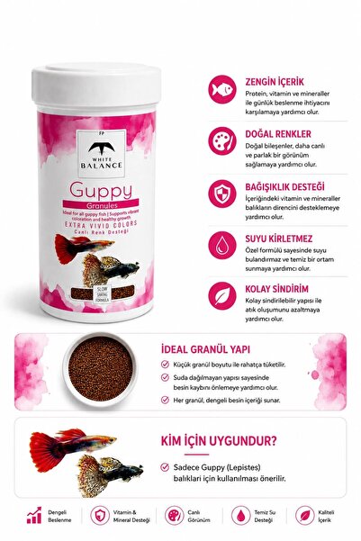 White Balance Guppy Granül Balık Yemi 100 ml - Lepistes İçin Vitamin Destekli...