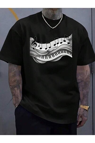 4CR Men's Oversized Music Note Piano Key T-Shirt - Stretch Fabric Round Neck ...