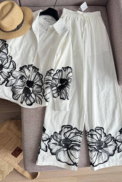 NEW STATION Women's Flower Embroidered Design Shirt and Pants Linen Fabric Du...
