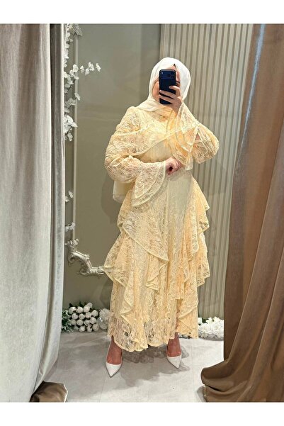 RR COLLECTION Kadın Krem / Sarı Dantelli Fırfırlı Uzun Abiye Elbise / Özel Gü...