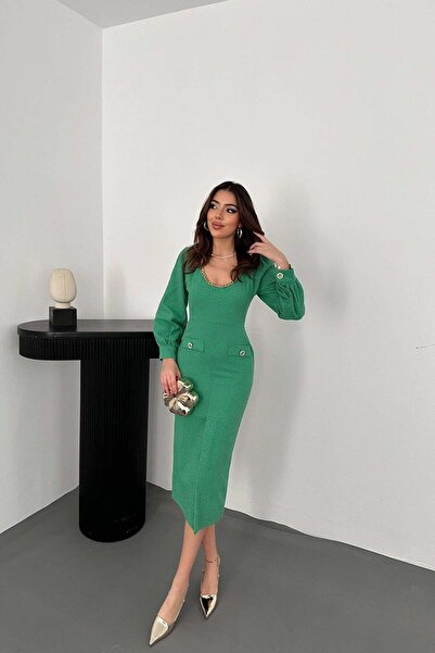 Clothes Fast Rochie verde midi pentru femei, cu decolteu larg în formă de U, ...