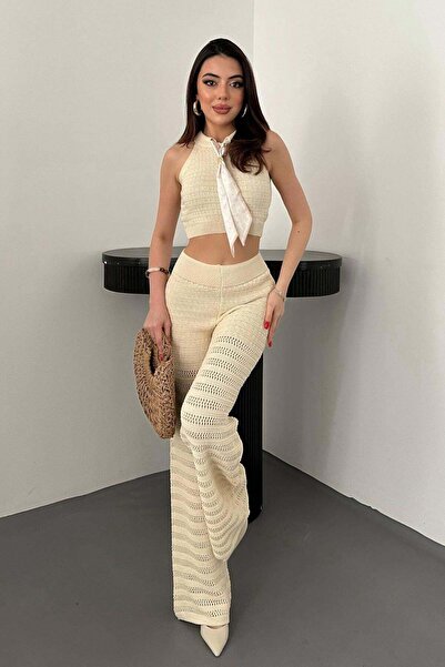 Clothes Fast Γυναικείο Μπεζ Σετ Πλεκτό Κάτω-Άνω Μέρος, Διάτρητο, Κροπ, Λαιμόκ...
