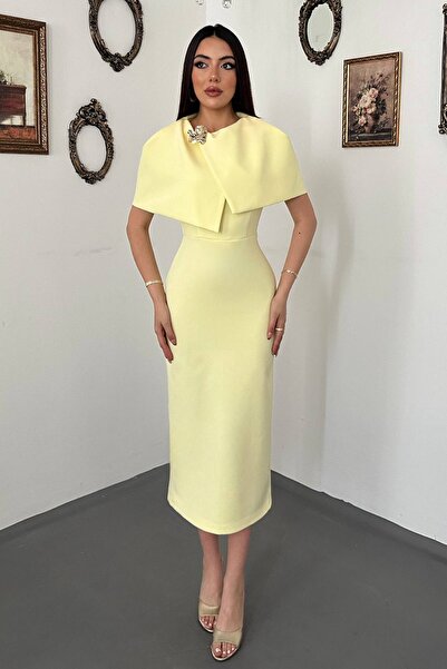 Moda Days Women's Yellow Midi Pencil Dress with Cape, Single Buckle Lined Eve...