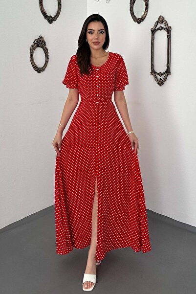 Clothes Fast فستان نسائي طويل مزين بالنقاط الحمراء وياقة على شكل حرف V وأكمام...
