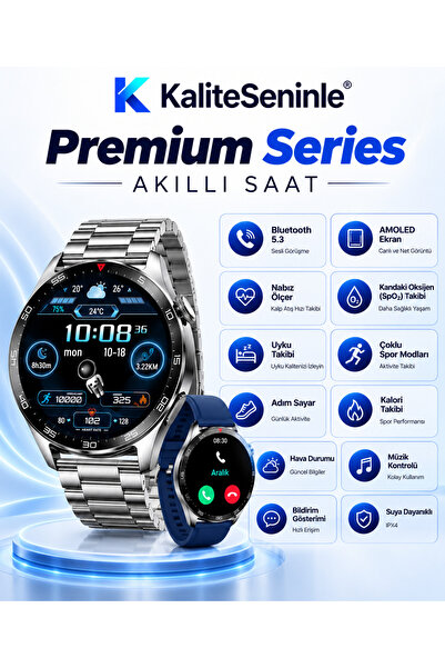 KALİTESENİNLE Premium Series Akıllı Saat Bluetooth Arama AMOLED Ekran Nabız U...