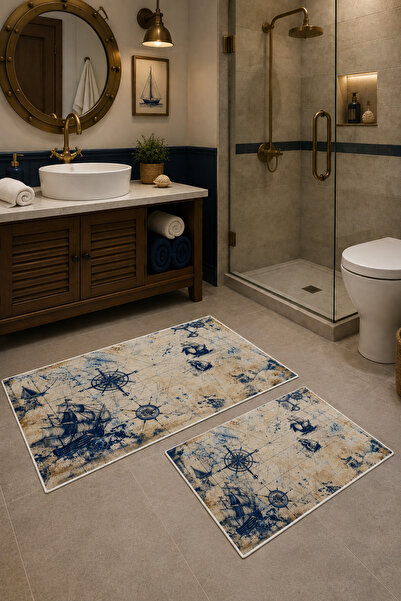 Aybek Home Deniz Haritası Pusula Desenli 2'li Banyo Paspası Takımı Kaymaz Tab...