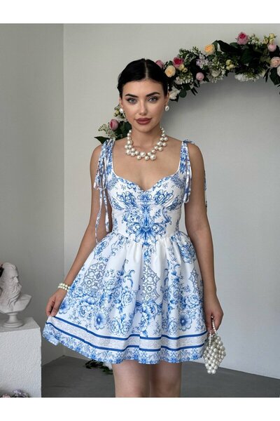 Moda Days Γυναικείο Μίνι Φόρεμα με Σχέδια, Λαιμόκοψη Καρδιά, Δέσιμο με Κορδόν...