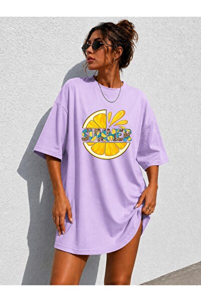 classy moda تي شيرت نسائي طويل جدًا بنقشة الليمون والفهد وطباعة "Summer" بمقا...