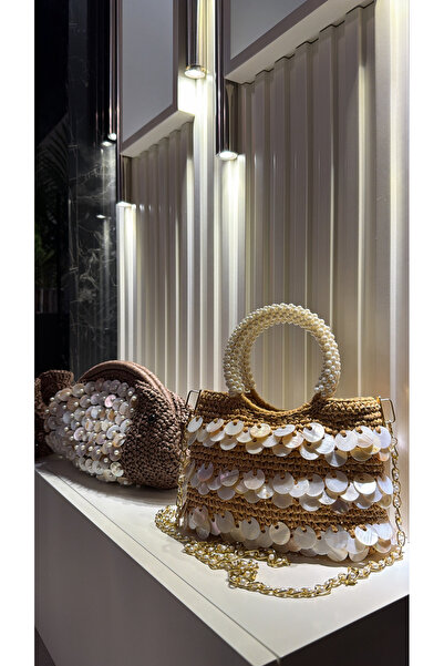 WOMANBAG Handmade Pearl Handle Sequined Straw Shoulder Bag (35X25Cm)