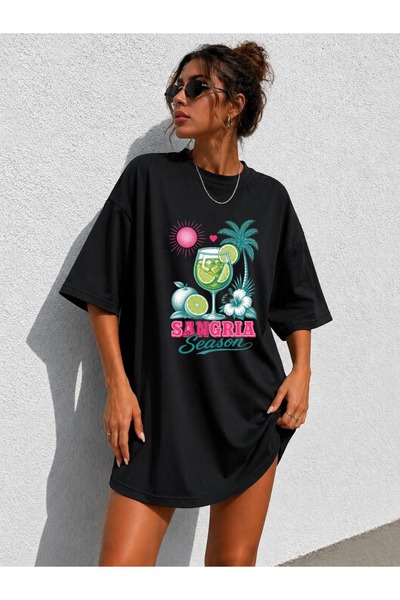 classy moda Tricou tunică supradimensionat, extra lung, cu imprimeu de vară ș...