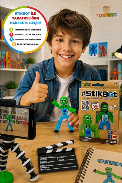 TOYFEST StikBot Mavi Tulumlu Yeşil Stop Motion Aksiyon Figürü Hareketli Robot...