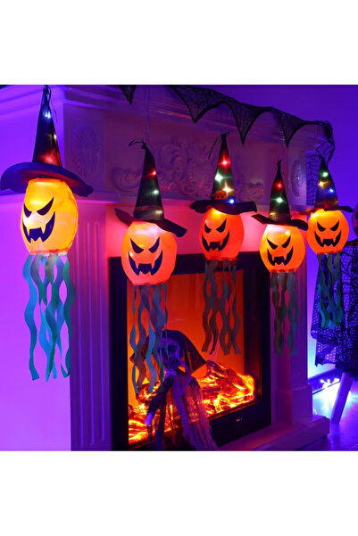 GGEROU Festival Decorations Hanging Pumpkin with Witch Hats, 5 Pack Lighted P...