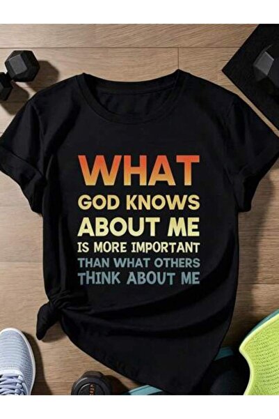 LİNA06 1pc Women' God Knows About Me Quote Print White TShirt, Crew Neck, Cas...
