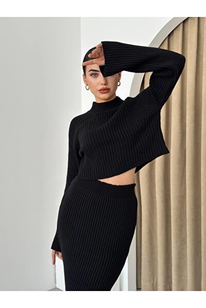 Moda Days طقم تنورة نسائي أسود، طقم تريكو مع تنورة، سترة قصيرة بياقة عالية وت...