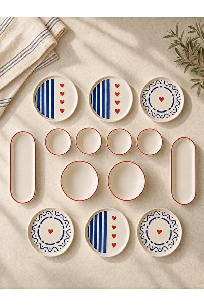 viracasa Blue Kalp 14 Parça 6 Kişilik Kahvaltı Takımı - Kalpli Stoneware Kahvaltılık Sunum Seti