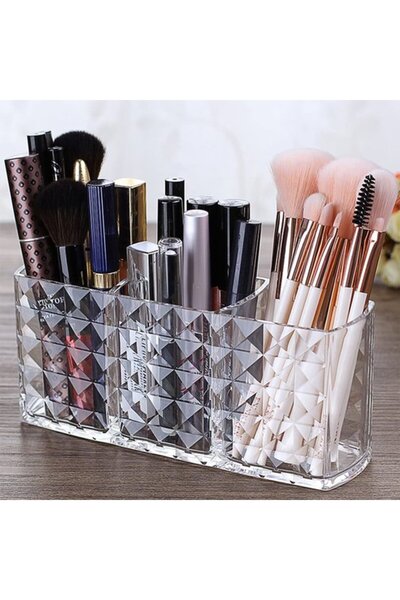 STARSTAR 3-Slot Crystal Acrylic Makeup Brush Holder, Clear Cosmetic Storage B...