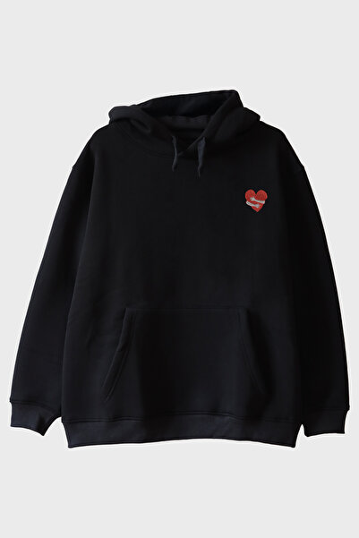 lofux Heart-Hugging Hands Patterned Embroidery Hoodie - Valentine's Day Gift