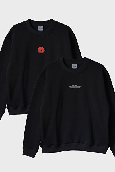 lofux Lip and Mustache Patterned Double Combination Crew Neck Sweatshirt