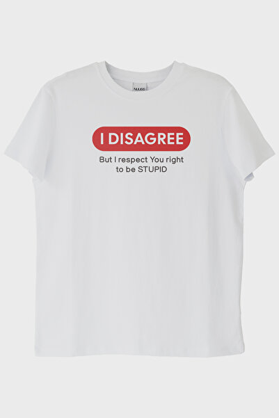 lofux I Disagree Printed Humorous White T-Shirt