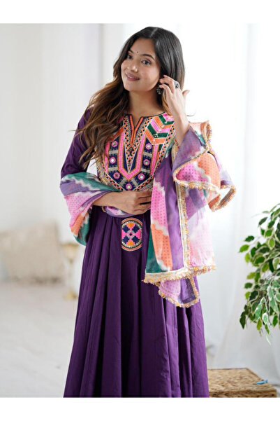 MYSMAR Purple Cotton Gown Bottom & Dupatta - HRT4396 | Purple-Size:2XL-44-Inches