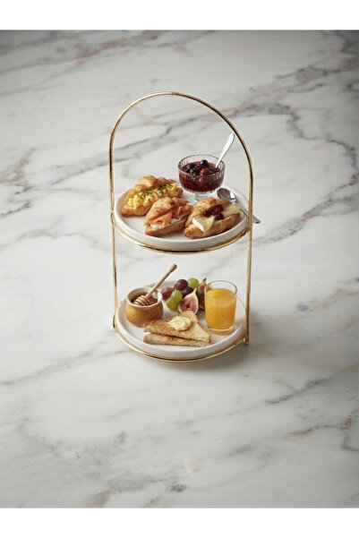 METE MUM İKİ KATLI GOLD DETAYLI METAL STANDLI SERAMİK TABAKLI SUNUM VE KURABİ...