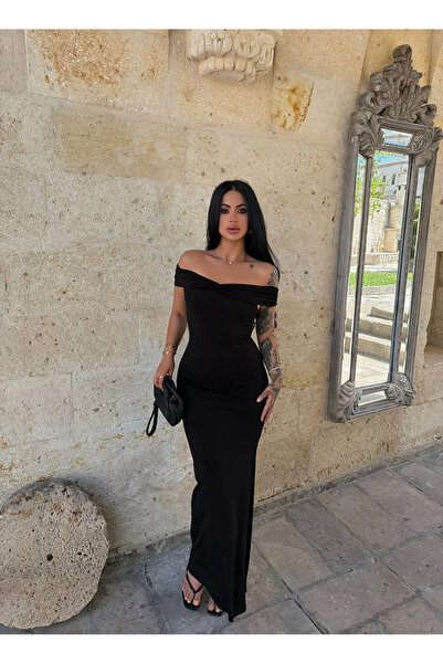 kırmızı butiks Siyah Kayık Yaka Maxi Elbise