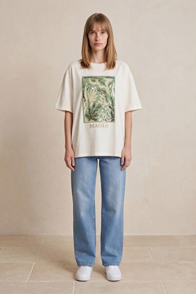 Quzu 26Ytsh01605 Women's Oversize T-Shirt with Print Detail