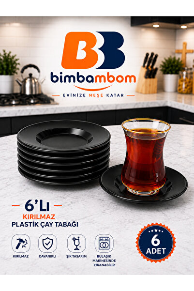 bimbambom 6'lı Siyah Çay Tabağı Plastik Çay Tabağı 6 Adet