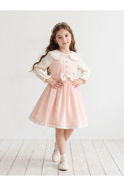 Cherrys Bebek Nostalgic Collar Detailed Bowknot Girls' Dress
