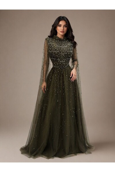 ranin Brown Tulle Evening Dress Zircon Pearl Embroidery Cloche Evening Dress