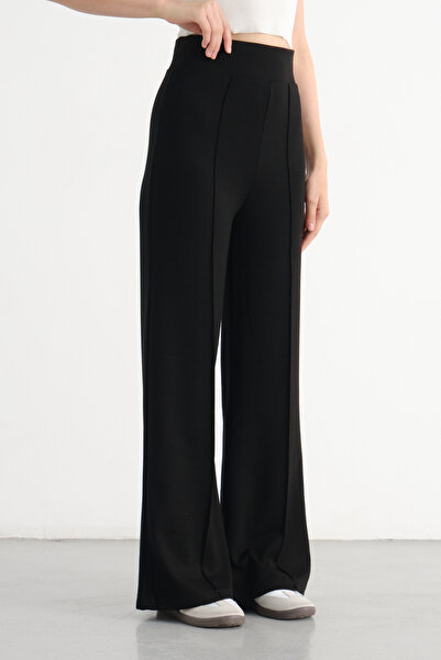umtlifes Women's Black Modal Striped Wide-Leg High-Waist Soft Textured Elasti...
