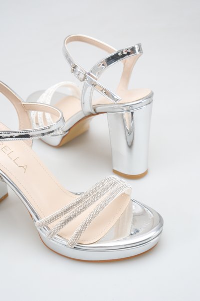 Rella Silver Mirrored Stone Platform Thick Heeled Ankle Strap Evening Dress Women's Shoes