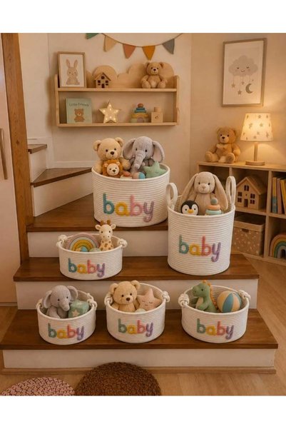 Ckdesign Kişiye Özel İsim Nakışlı Hasır Oyuncak Sepeti | Pamuk İpli Organizer Sepet | Bebek Çamaşır Sepeti | Çocuk Odası Dekoratif Saklama Sepeti | XS-S-M-ML-L-XL
