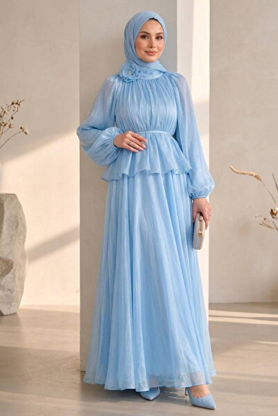 Neva Style Büzgülü Yaka Peplum Janjan Şifon Bebek Mavisi Tesettür İkili Takım...