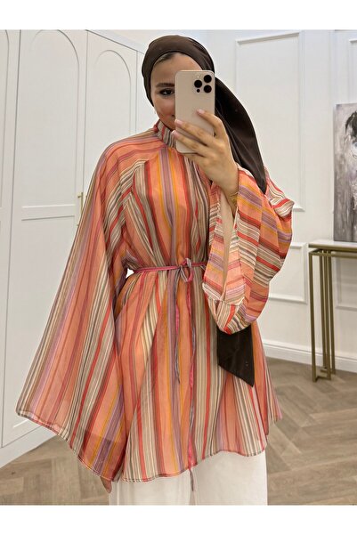 bezenstore ÇİZGİLİ HAKİM YAKA PEMBE TUNİK