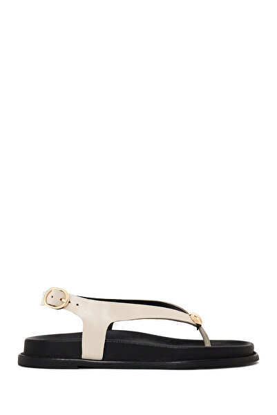 Derimod Women's Cream Leather Sandals with Back Buckle and Flip-Flop Design 2...