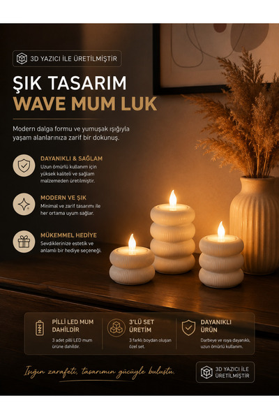 EMAS DESİGN LunaWave 3’lü LED Mumluk Seti – Dekoratif 3D Baskı Mumluk