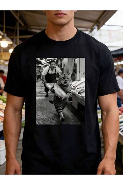 k222 Funny Cat Steals Fish Market Black White Meme T-Shirt - Unisex, 100% Cot...