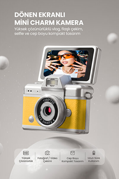 Pikas Mini Kamera Dönen Ekran Flaşlı Selfie Video Vlog Kamerası Anahtarlık LK...